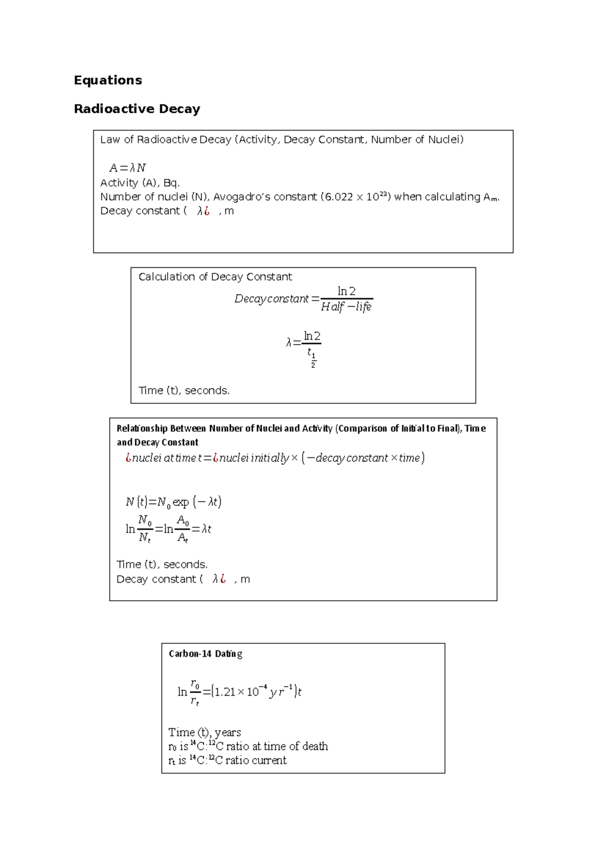 Equations - Equations Radioactive Decay Law of Radioactive Decay ...