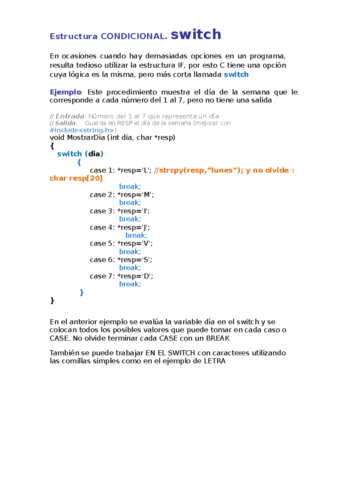 Estructura condicional Switch - Estructura CONDICIONAL. switch En ...