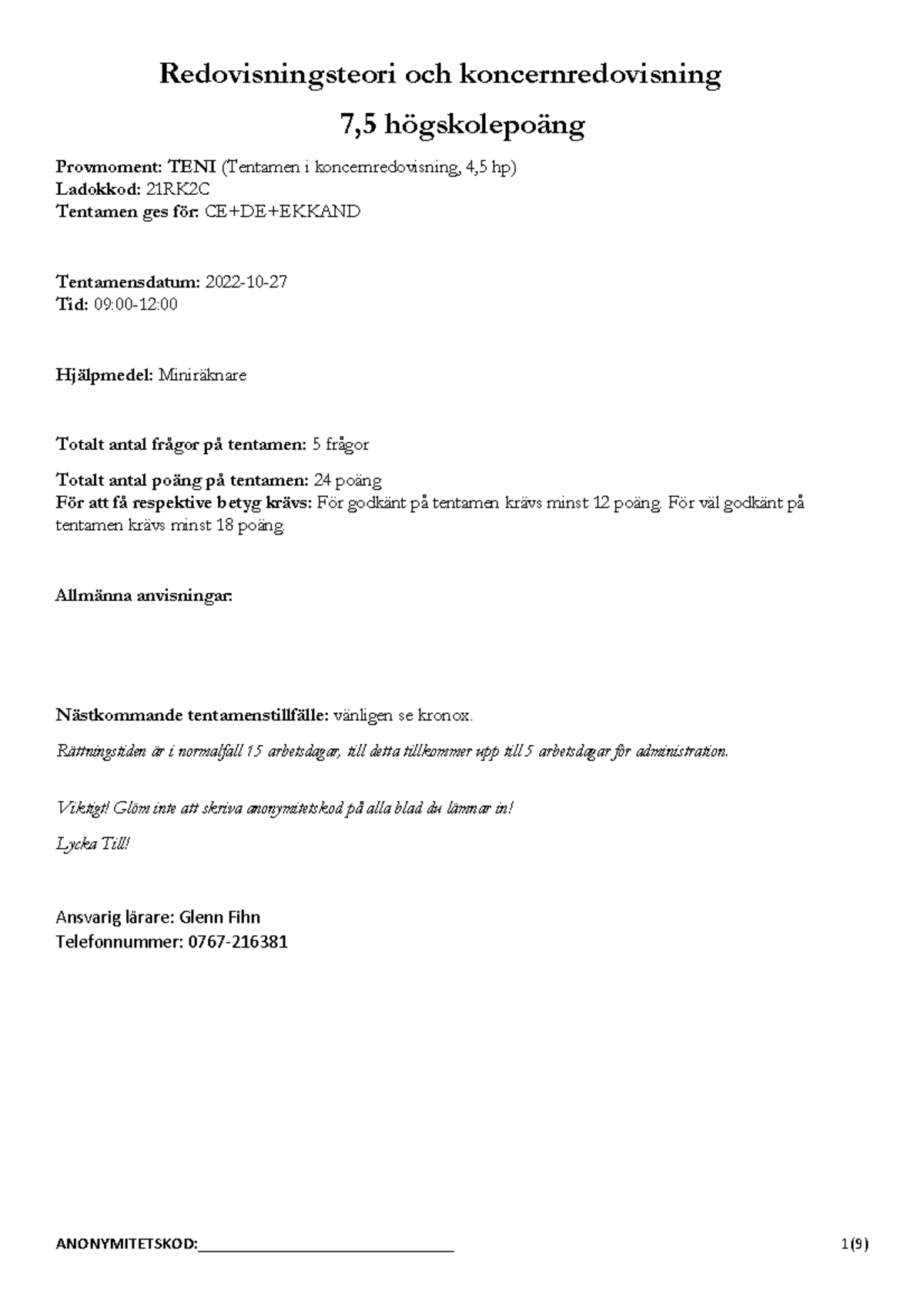 Koncernredovisning Oktober 2022 [ Facit] - Redovisningsteori Och ...