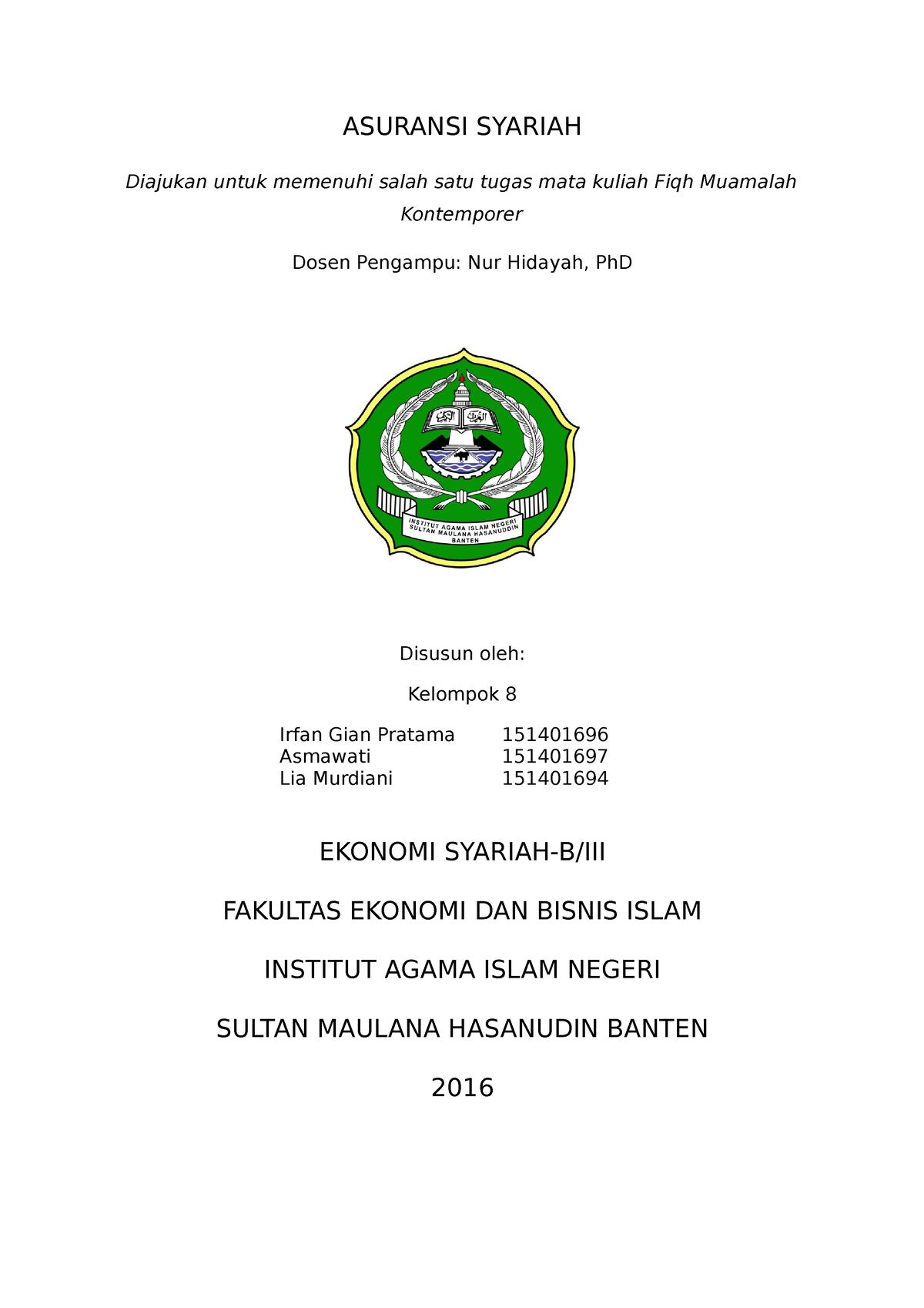 322711561-makalah- Asuransi- Syariah - ASURANSI SYARIAH Diajukan Untuk ...