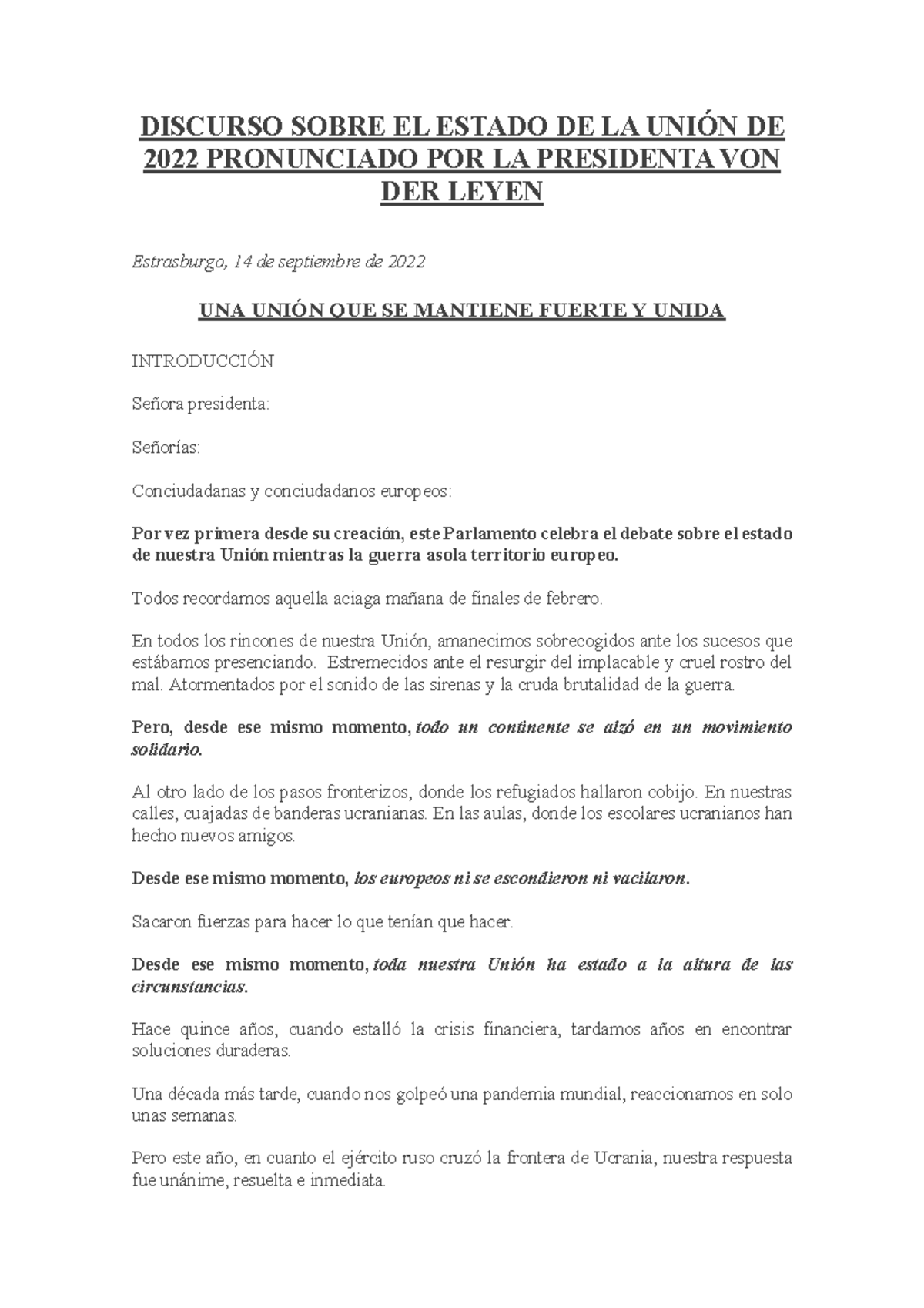 Discurso Estado de la Unión DISCURSO SOBRE EL ESTADO DE LA UNIÓN DE