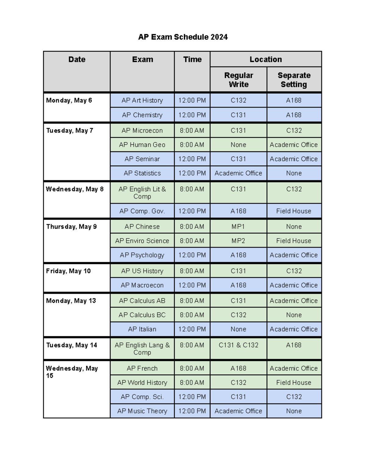 AP Exam Schedule 2024 Updated AP Exam Schedule 2024 Date Exam Time Location Regular Write