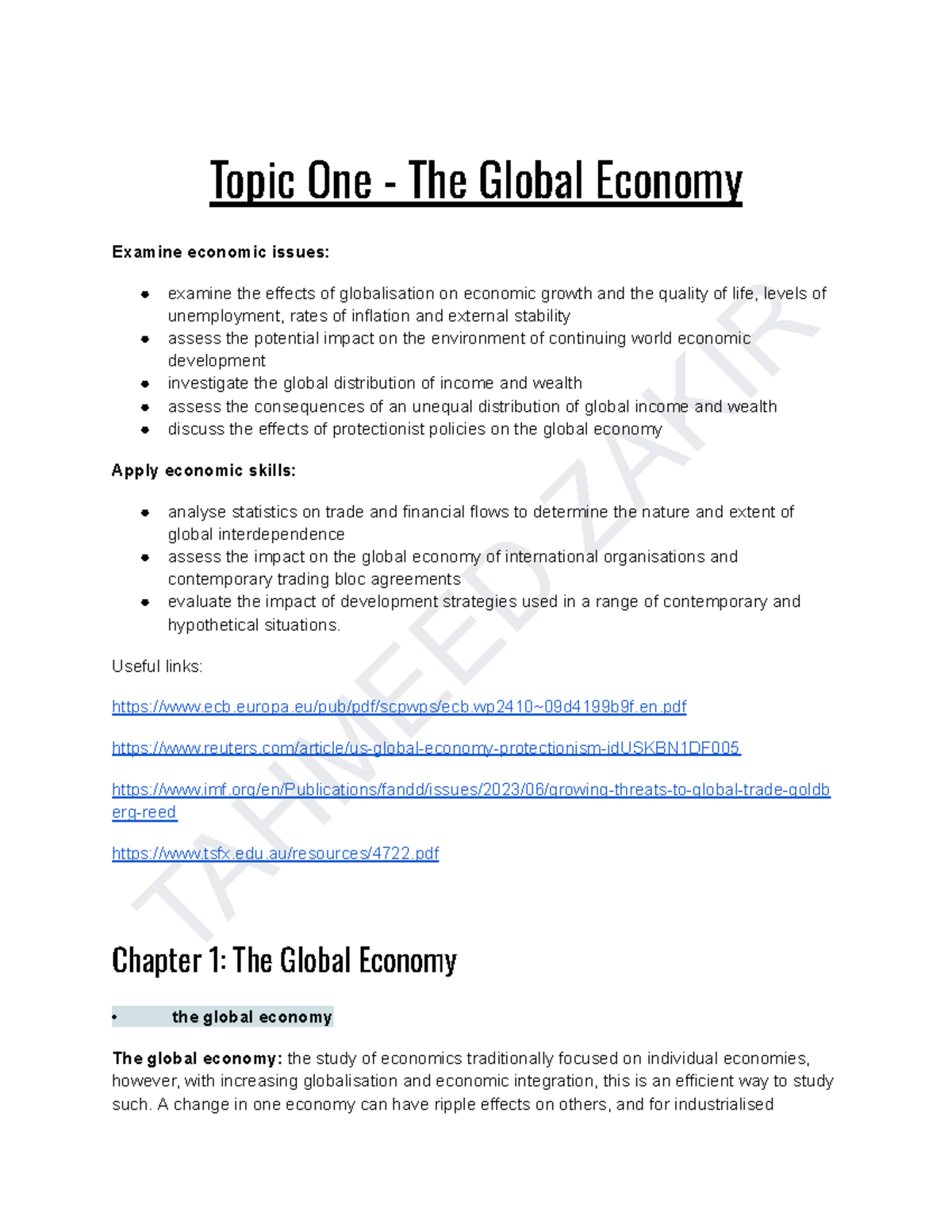 Topic 1 Economics Notes - TAHMEED ZAKIR Topic One - The Global Economy ...