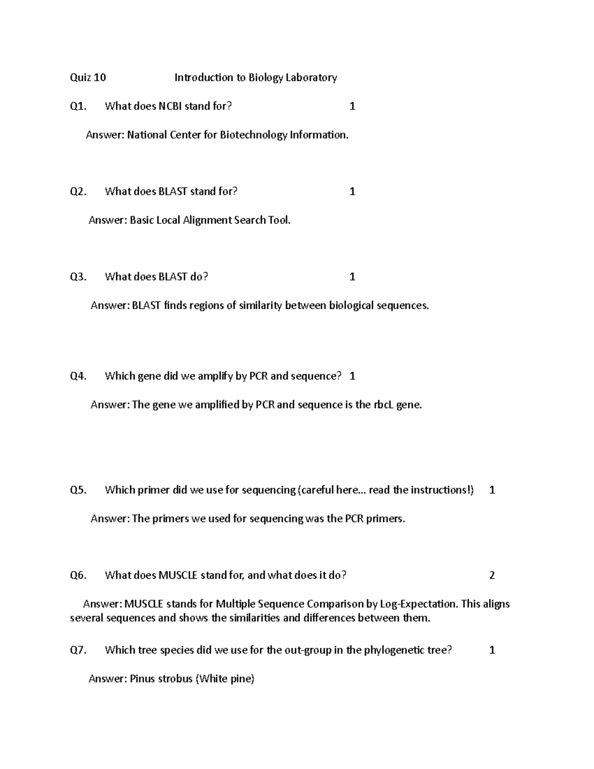 Quiz 10 Intro to Bio Laboratory Quiz 10 Introduction to Biology