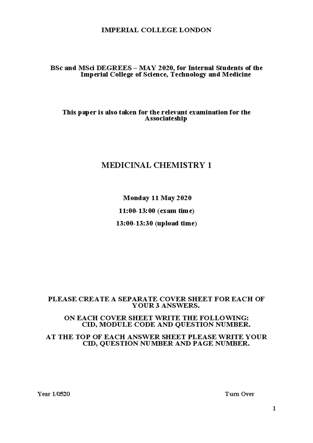 CHEM40009+Medicinal+Chemistry+1+May+2020+Exam+Paper - IMPERIAL COLLEGE ...