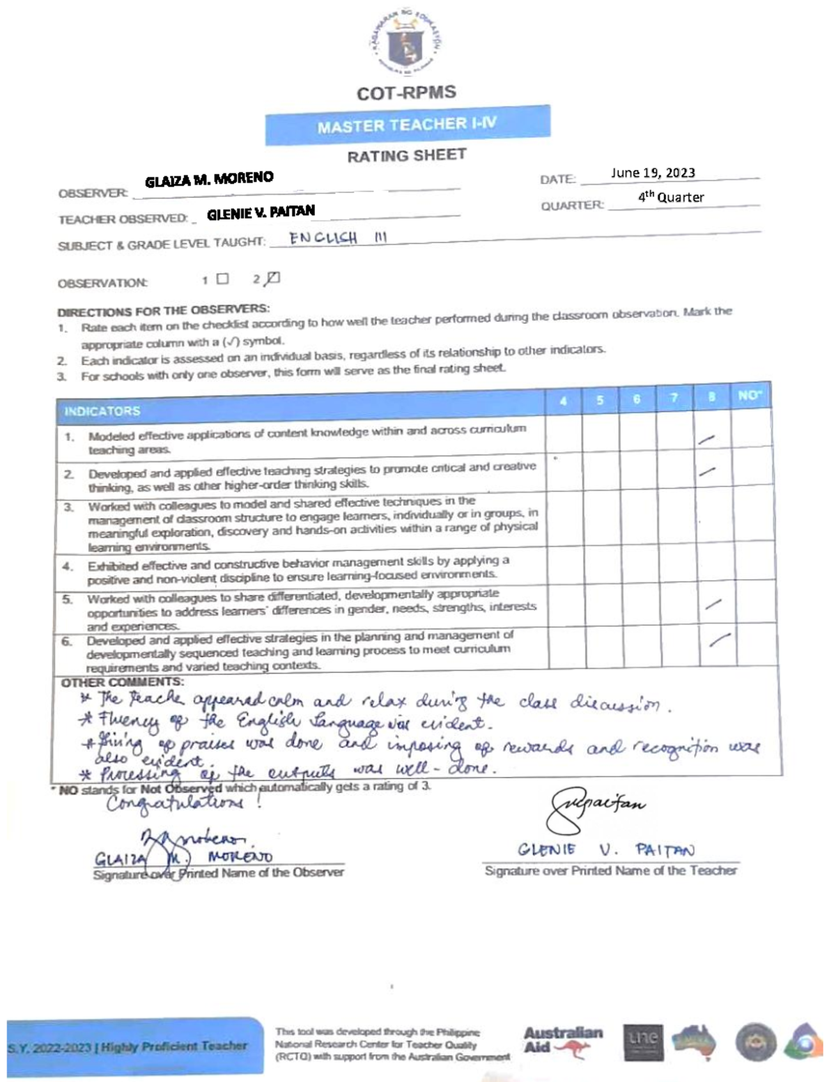 CO2 Rating Sheet 2023 Teaching English In The Elementary Grades