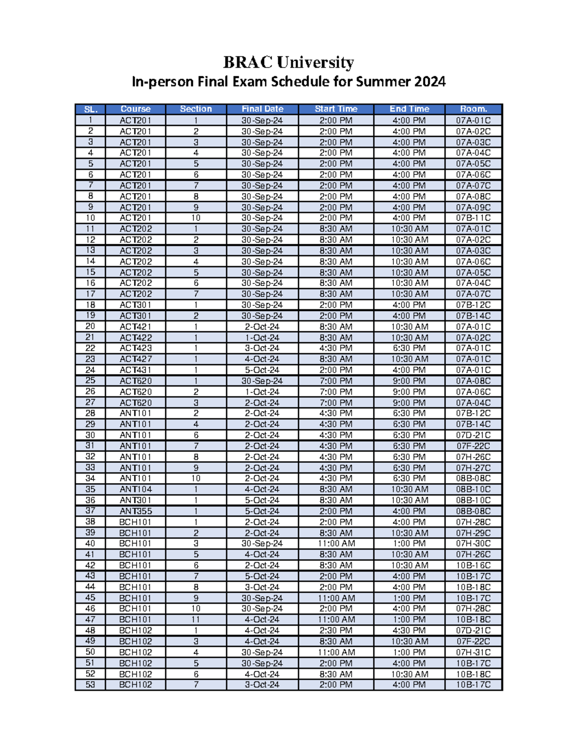 Final Assessment Schedule Summer 2024 - SL. Course Section Final Date ...