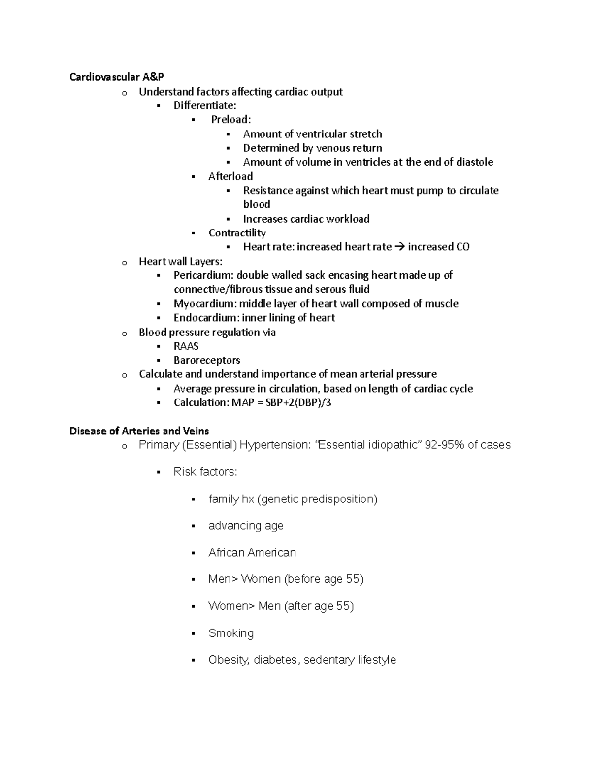 Patho Test 3 (Cardiovascular) - Cardiovascular A&P o Understand factors ...