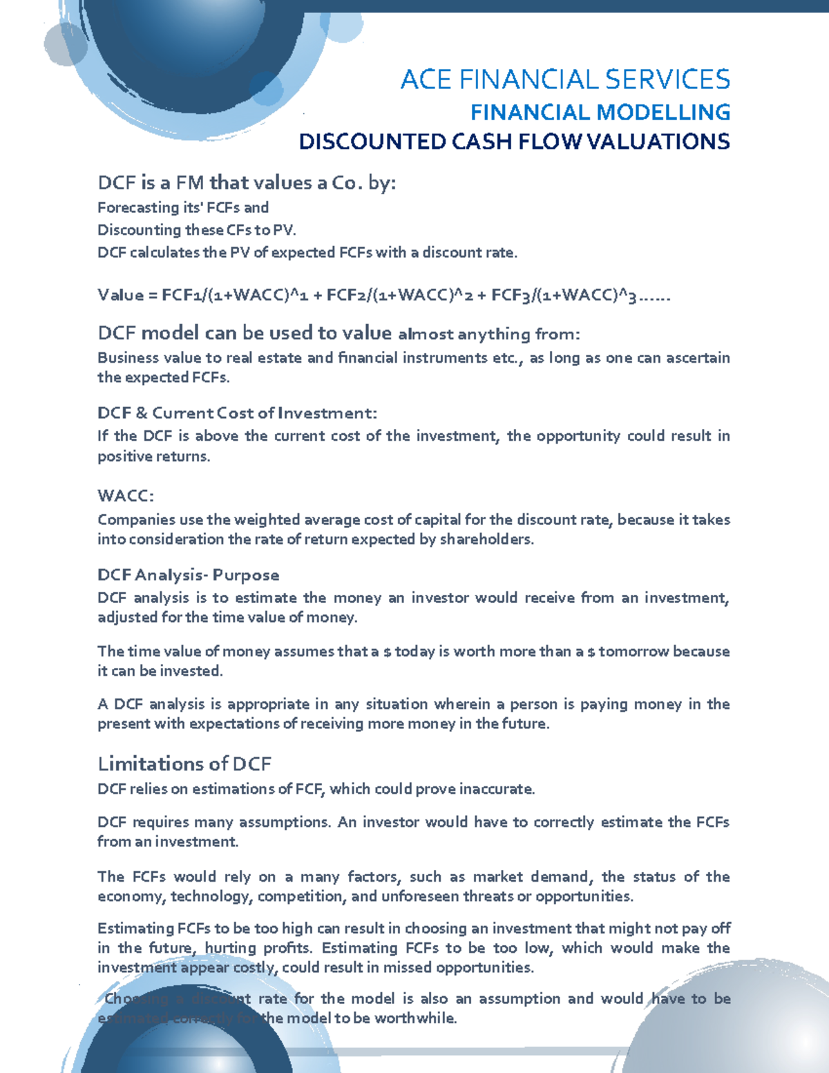 1 DCF Valuations - ACE FINANCIAL SERVICES FINANCIAL MODELLING ...