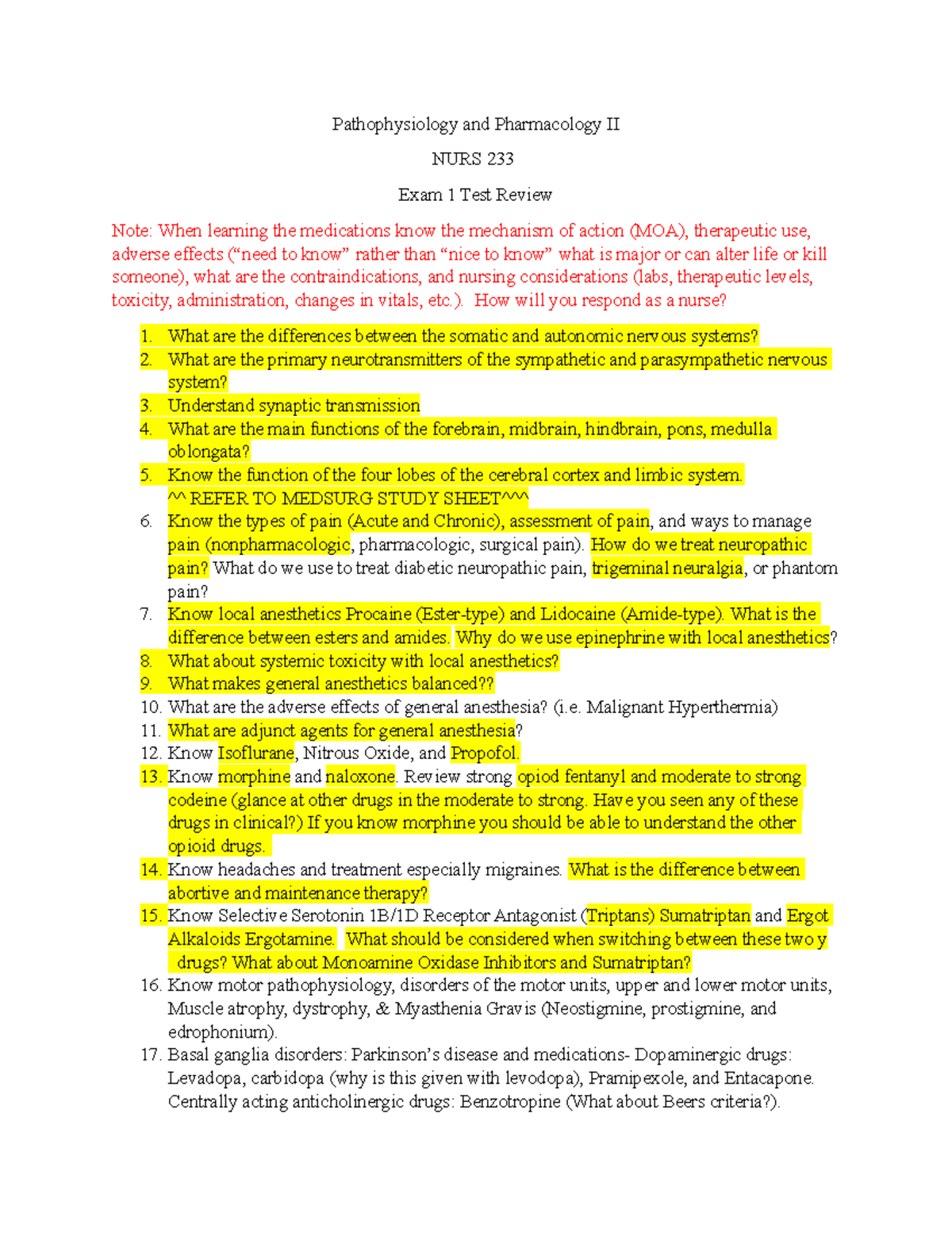 NURS 233 Patho Pharm II Exam 1 Neuromuscular Study Guide ...