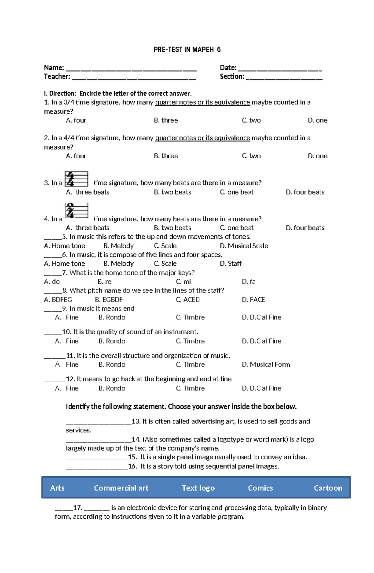 PRE-TEST Mapeh 6 - PRE-TEST IN MAPEH 6 Name ...