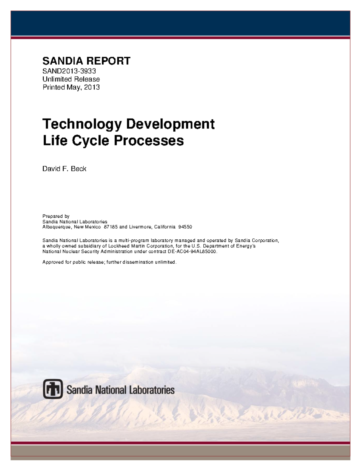 Sandia Report Technology Development Life Cycle Processes SANDIA
