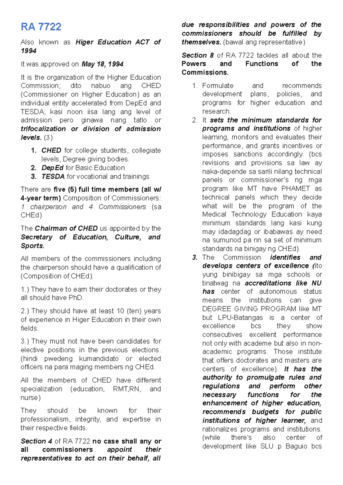 Lesson 7 - RA 7722 - RA 7722 Also Known As Higer Education ACT Of 1994 ...