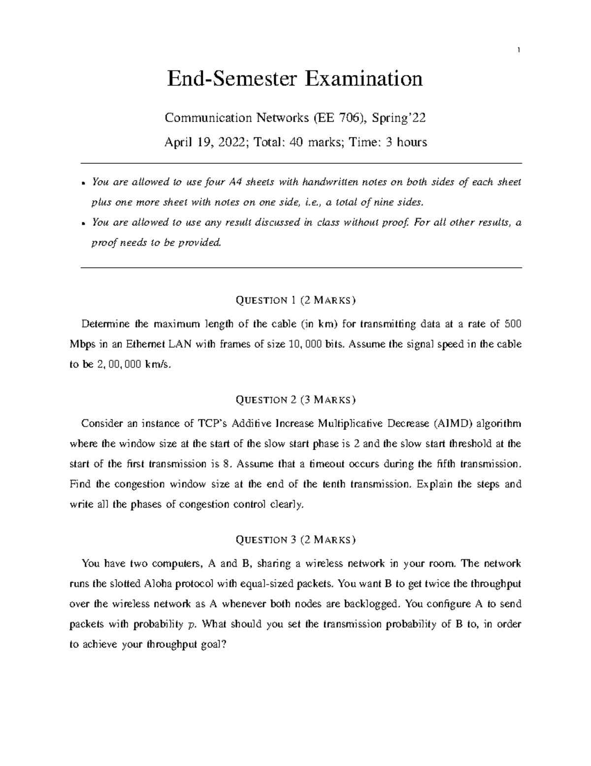 Endsem Exam - End-Semester Examination Communication Networks (EE 706 ...