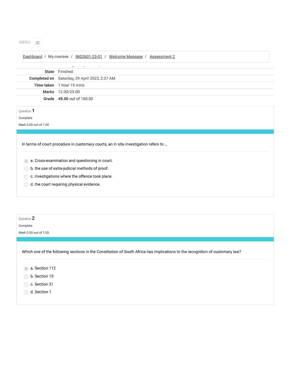 Assessment 2 Attempt review - Started on Saturday, 29 April 2023, 1:17 ...