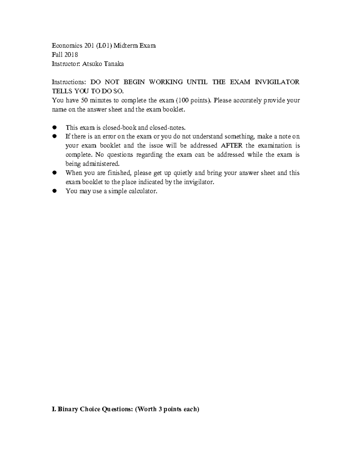 Midterm 15 October 2018, questions and answers - Economics 201 (L01 ...