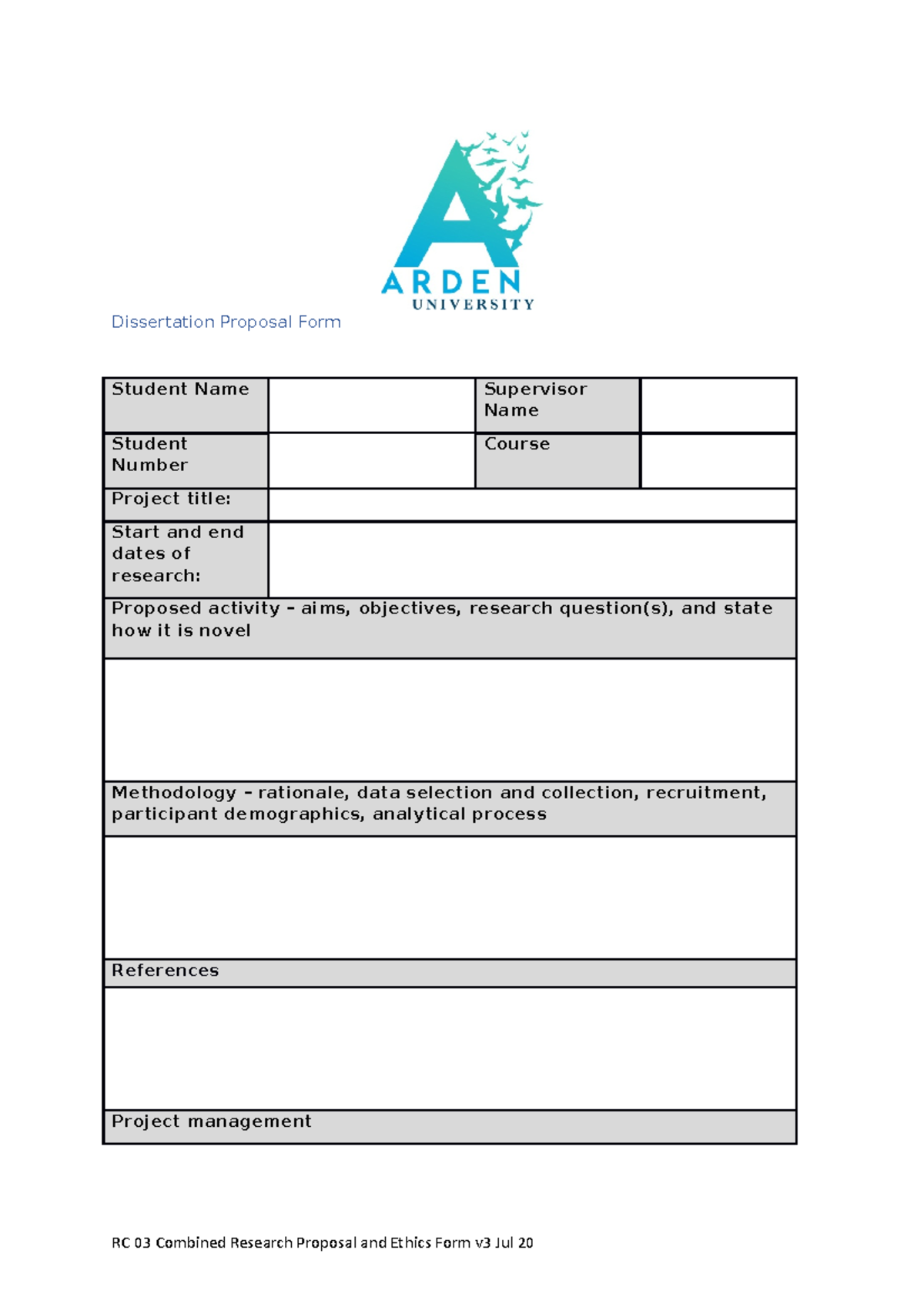 Combined Research Proposal and Ethics Form v3 Jul 20 - Dissertation ...