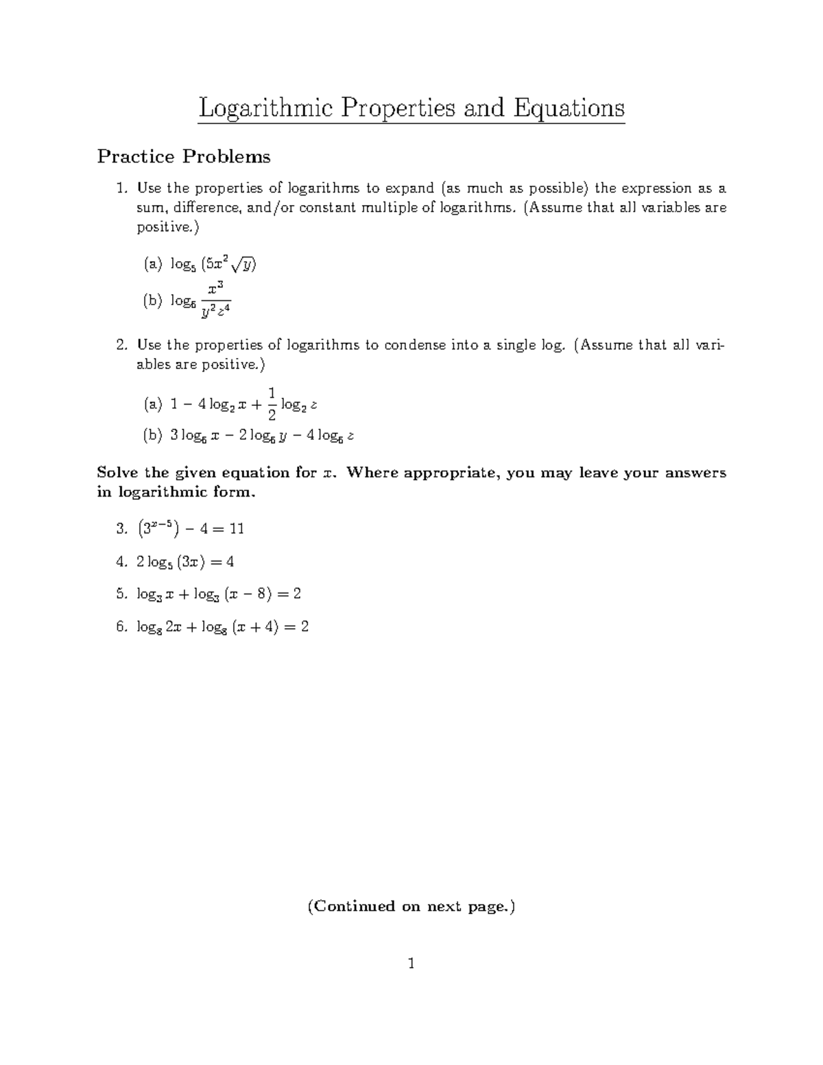 Math 117 - Practice problems - Logarithmic Properties and Equations ...