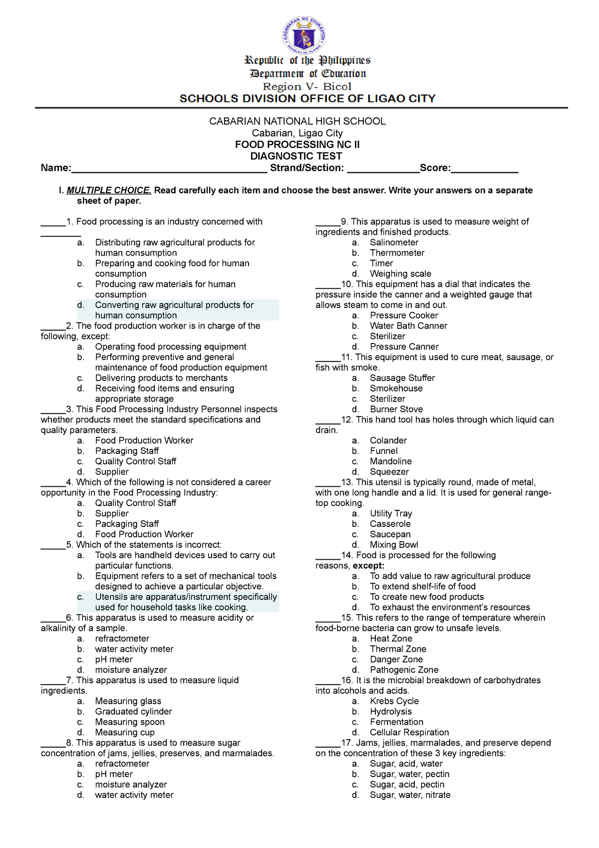 diagnostic-test-food-processing-cabarian-national-high-school