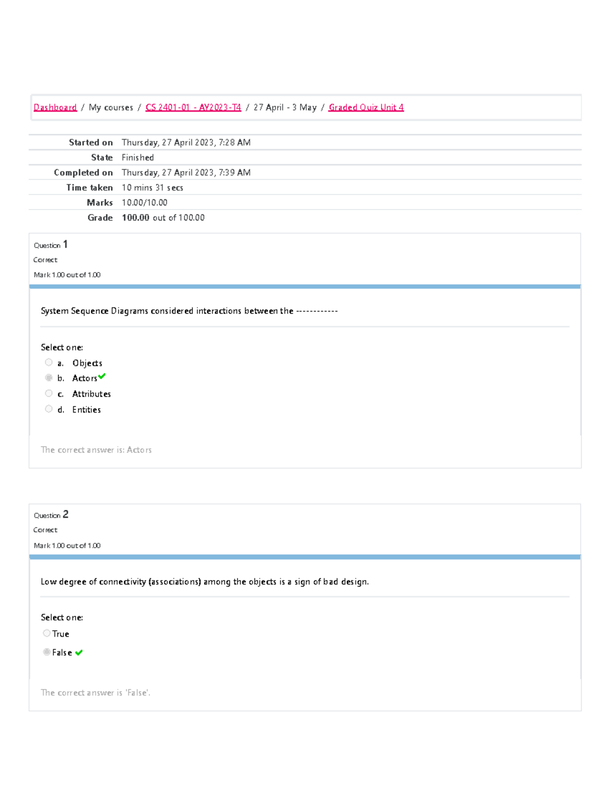 CS 2401 - Software Engineering 1 Graded Quiz Unit 4 - Started on ...