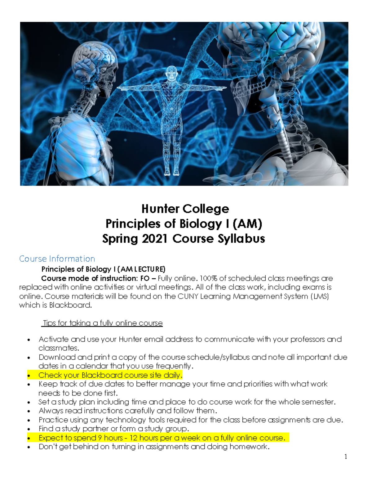 BIOL100 Syllabus SP21 V3 - Hunter College Principles Of Biology I (AM ...