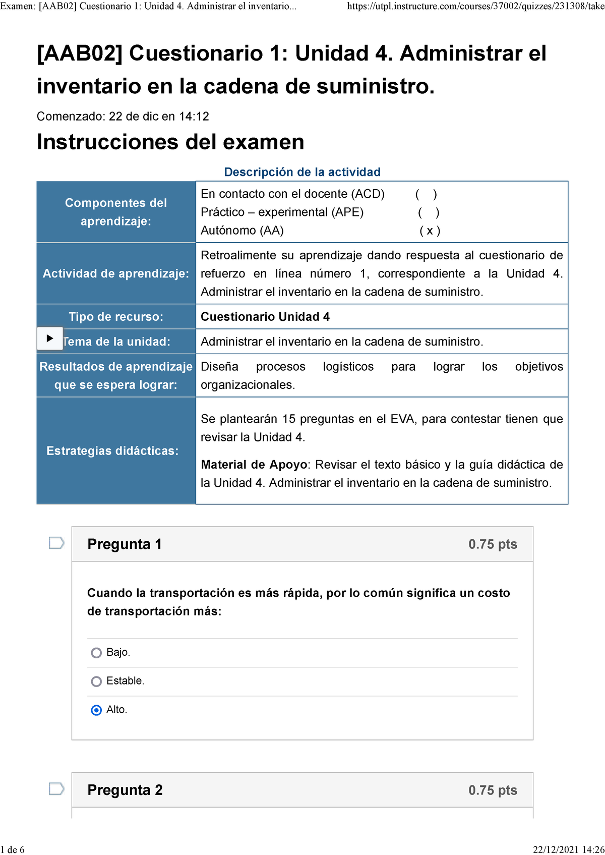 Examen [AAB02] Cuestionario 1 Unidad 4. Administrar El Inventario En La ...