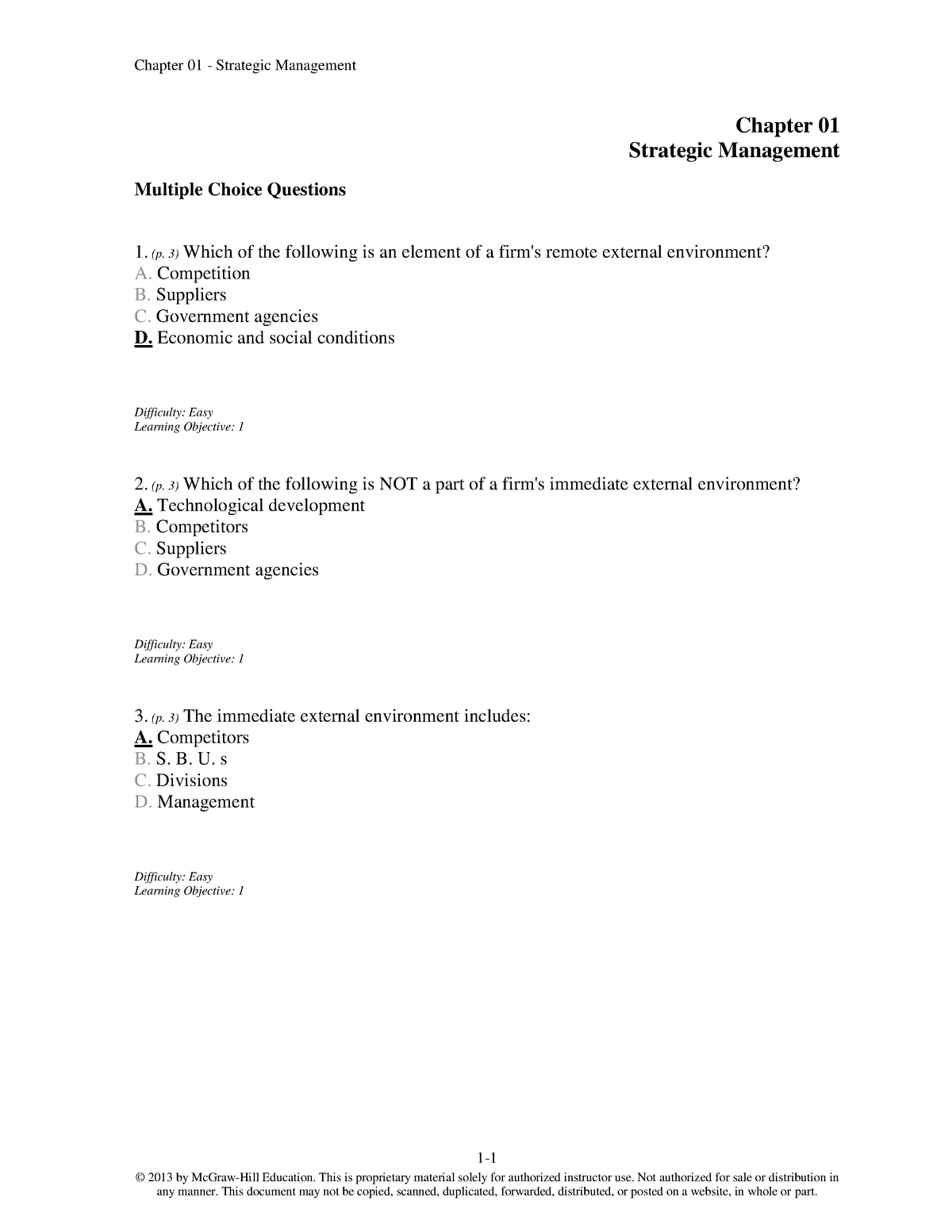 Strategic Management Chapter One Test Bank - © 2013 By McGraw-Hill ...