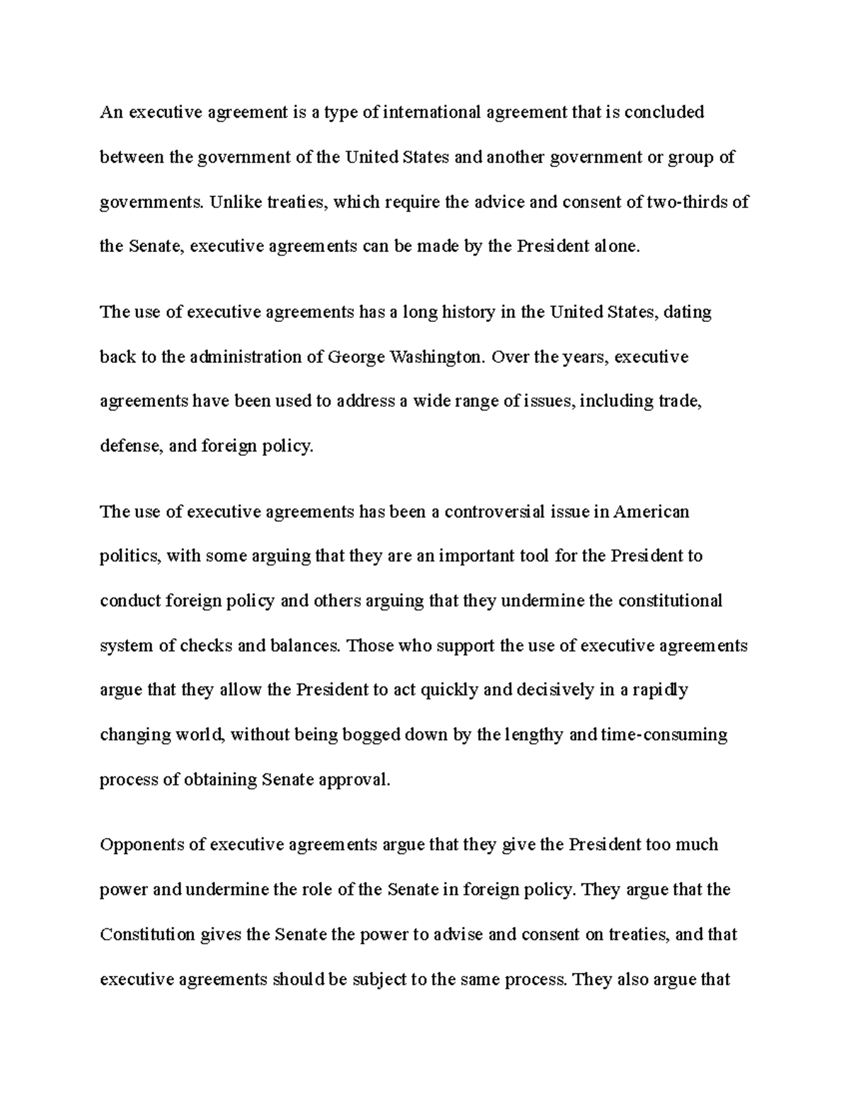 Executive Agreement Notes An executive agreement is a type of