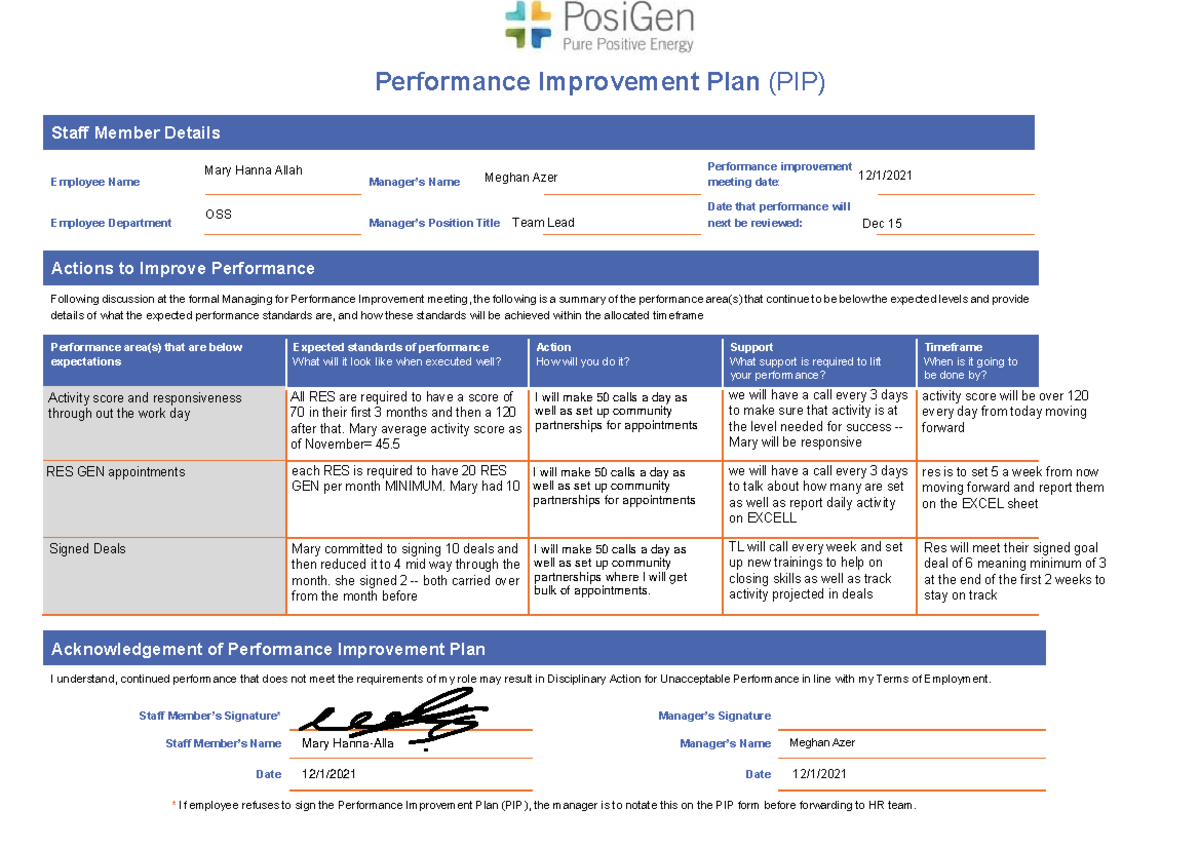 Mary PIP 2021 completed - Performance Improvement Plan (PIP) Staff ...