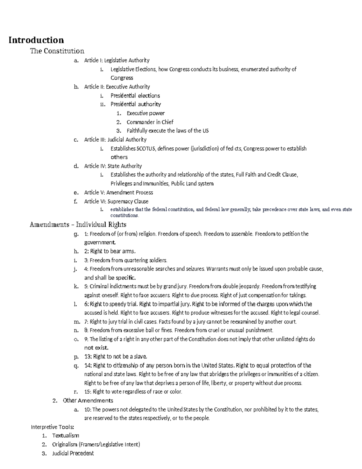 Con Law Outline - Introduction The Constitution a. Article I ...