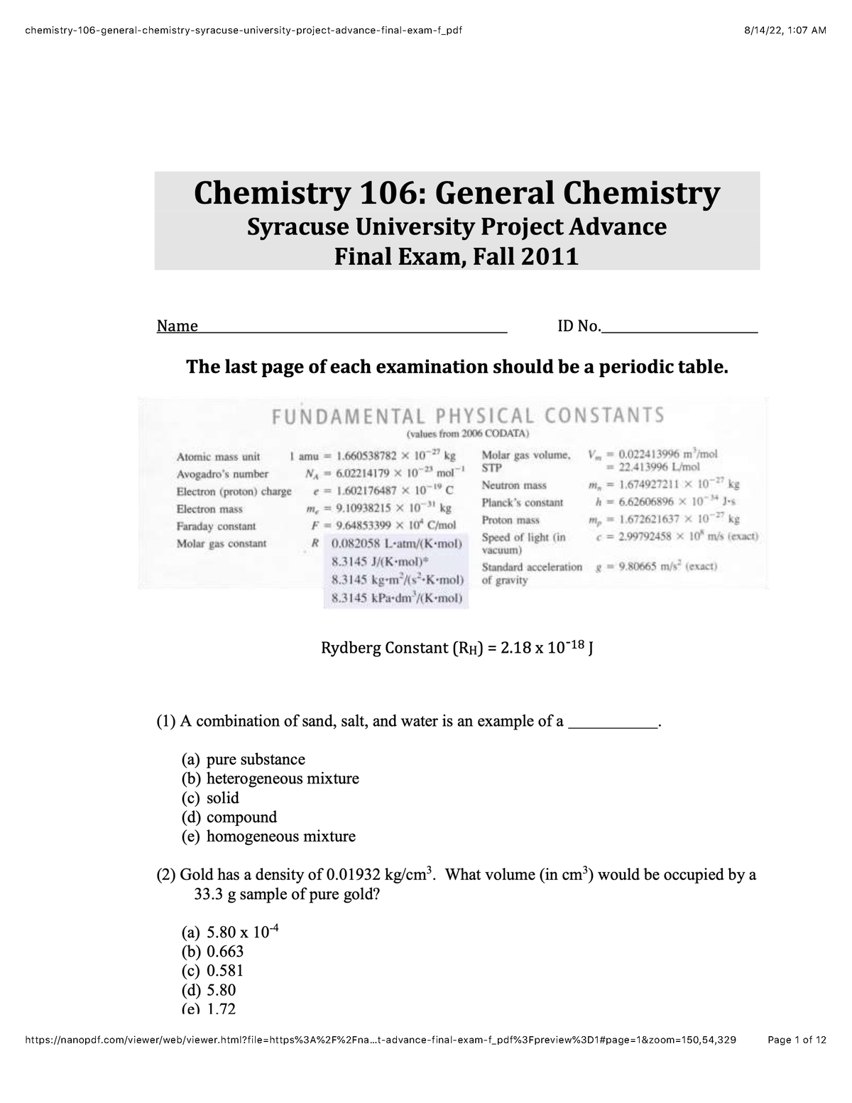 Final Exam Question 2011 - 1:07 AM Chemistry 106: General Chemistry ...