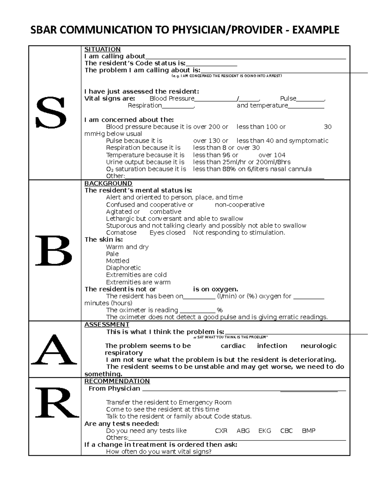 Sbar template 08 - SBAR COMMUNICATION TO PHYSICIAN/PROVIDER - EXAMPLE S ...