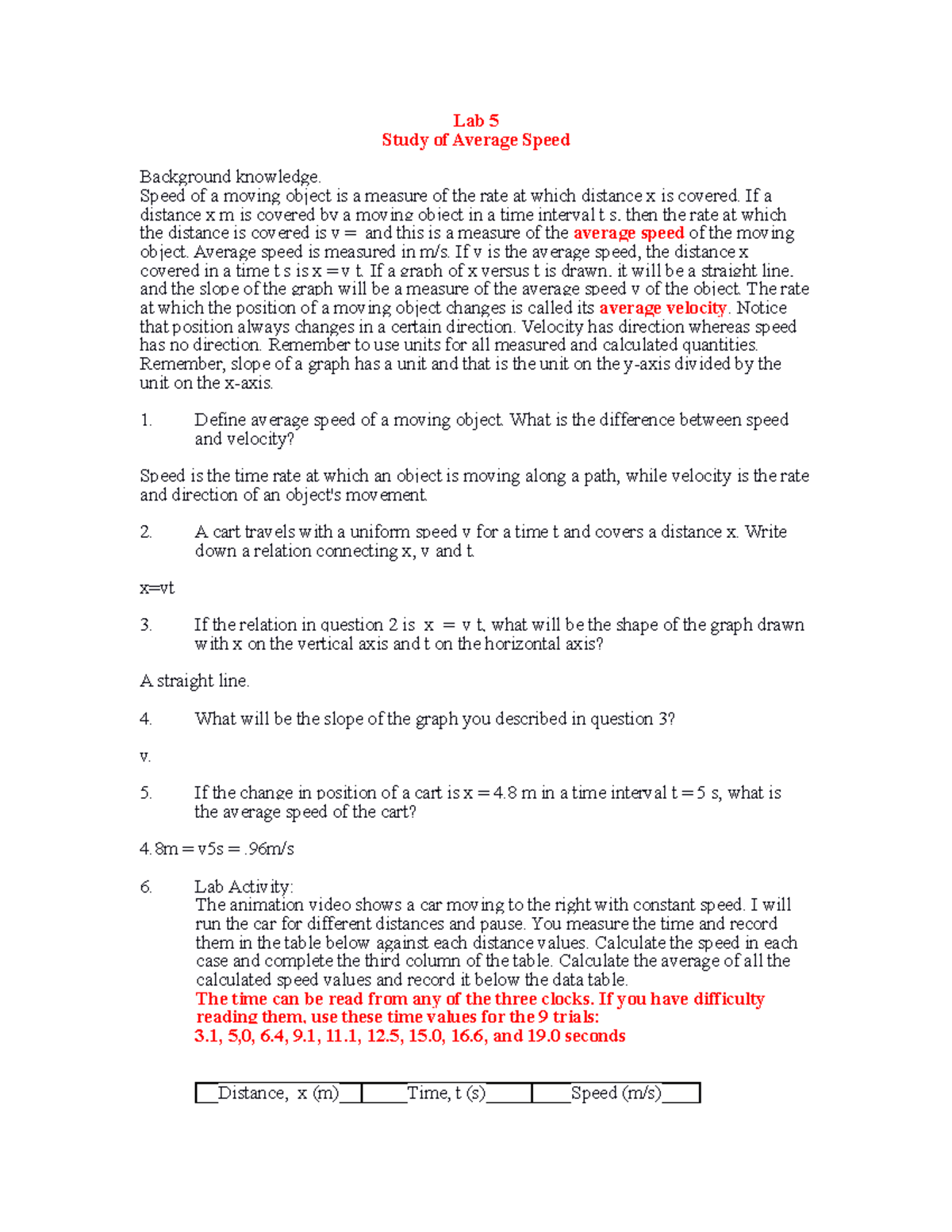 Lab 5 Average speed complete Lab 5 Study of Average Speed Background