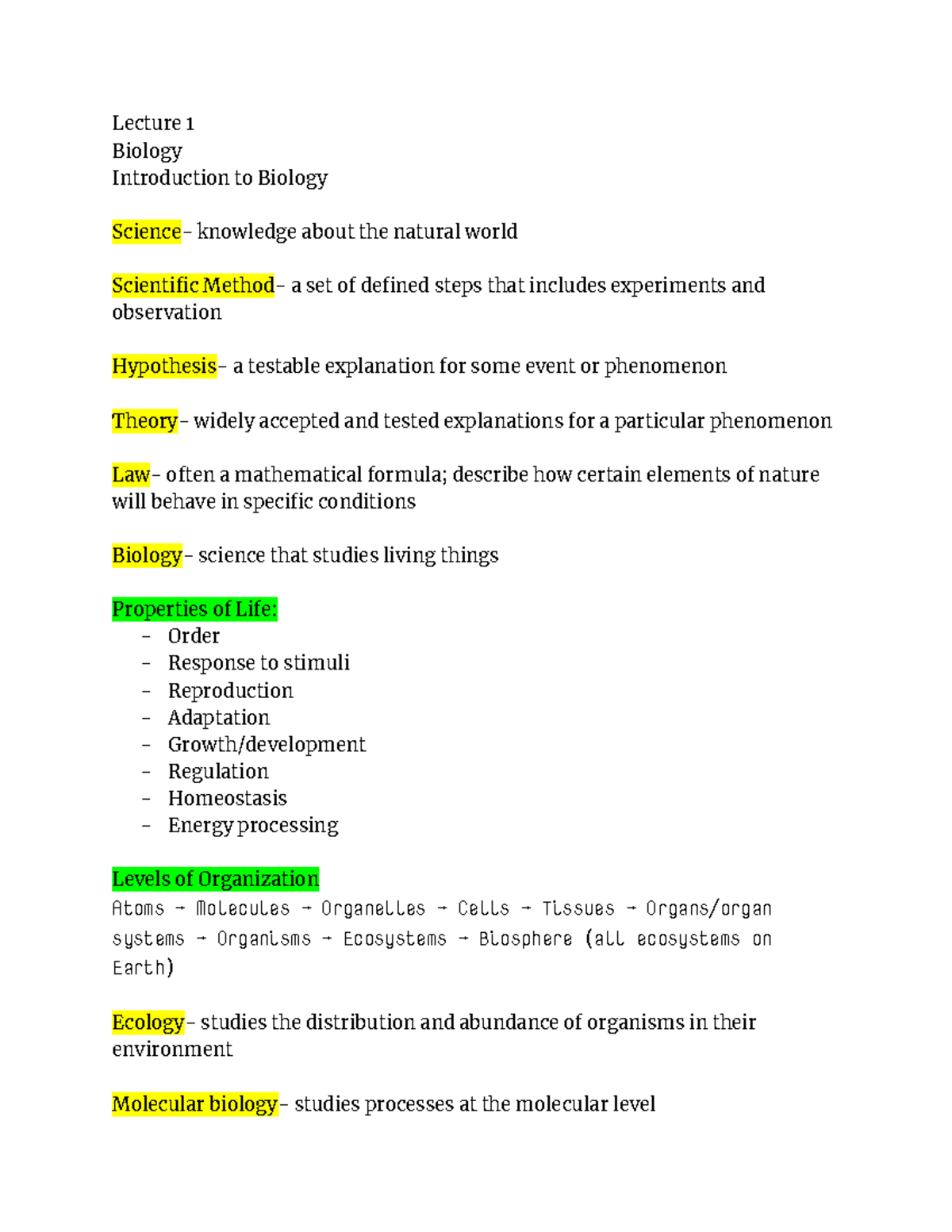 Lecture 1 Bio Notes - Lecture 1 Biology Introduction To Biology Science ...