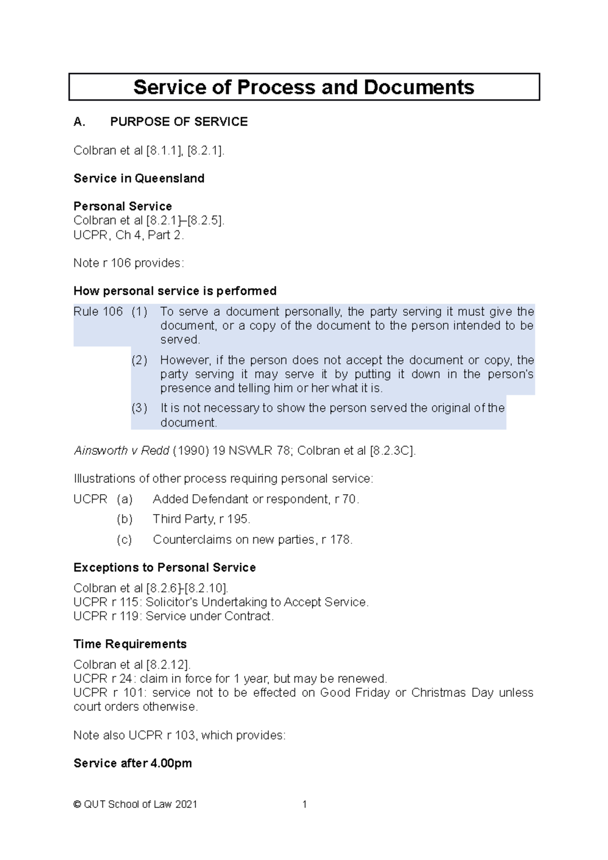 Service of Process and Documents - PURPOSE OF SERVICE Colbran et al [8. ...