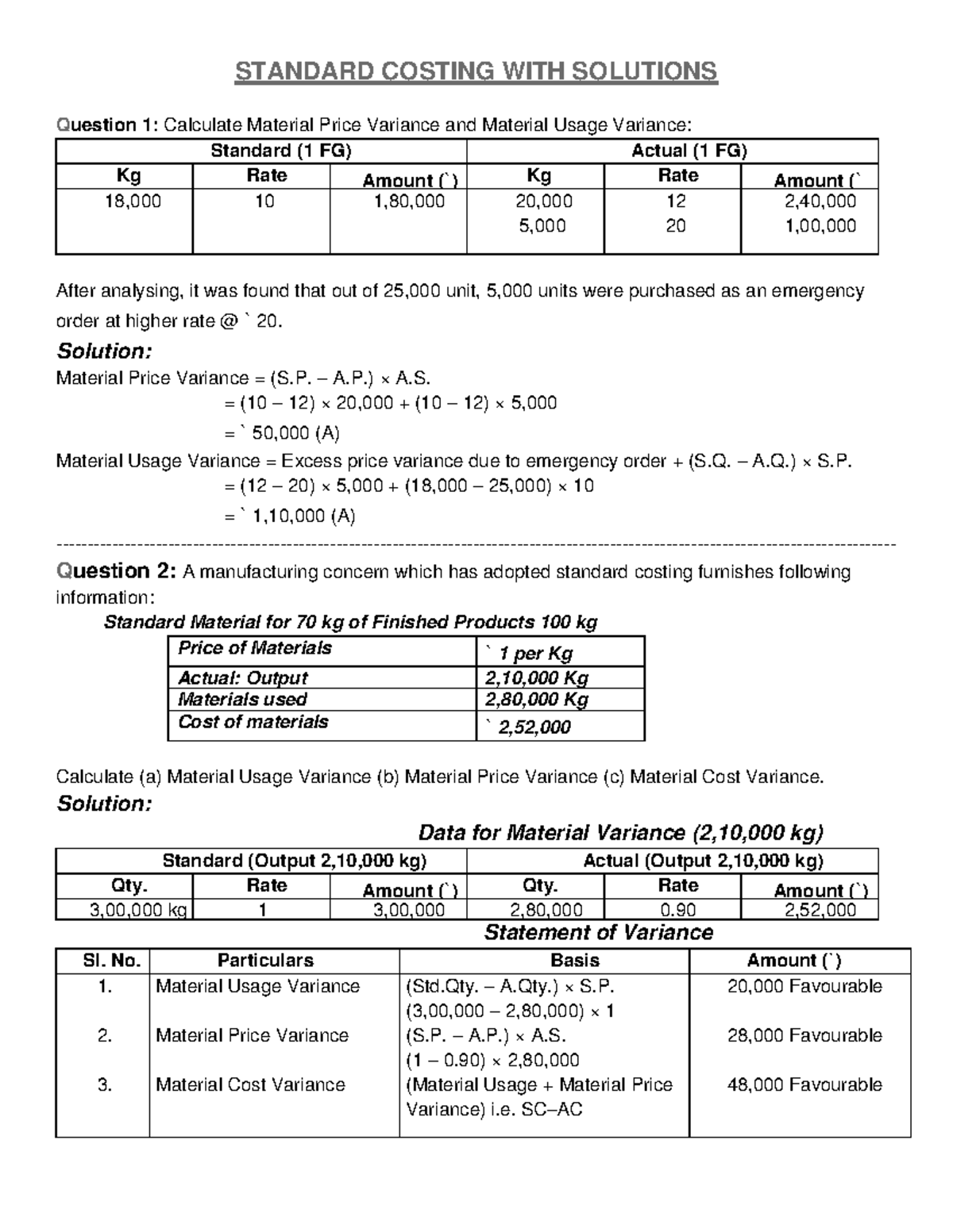 Silo - notes about costing - STANDARD COSTING WITH SOLUTIONS Question 1 ...