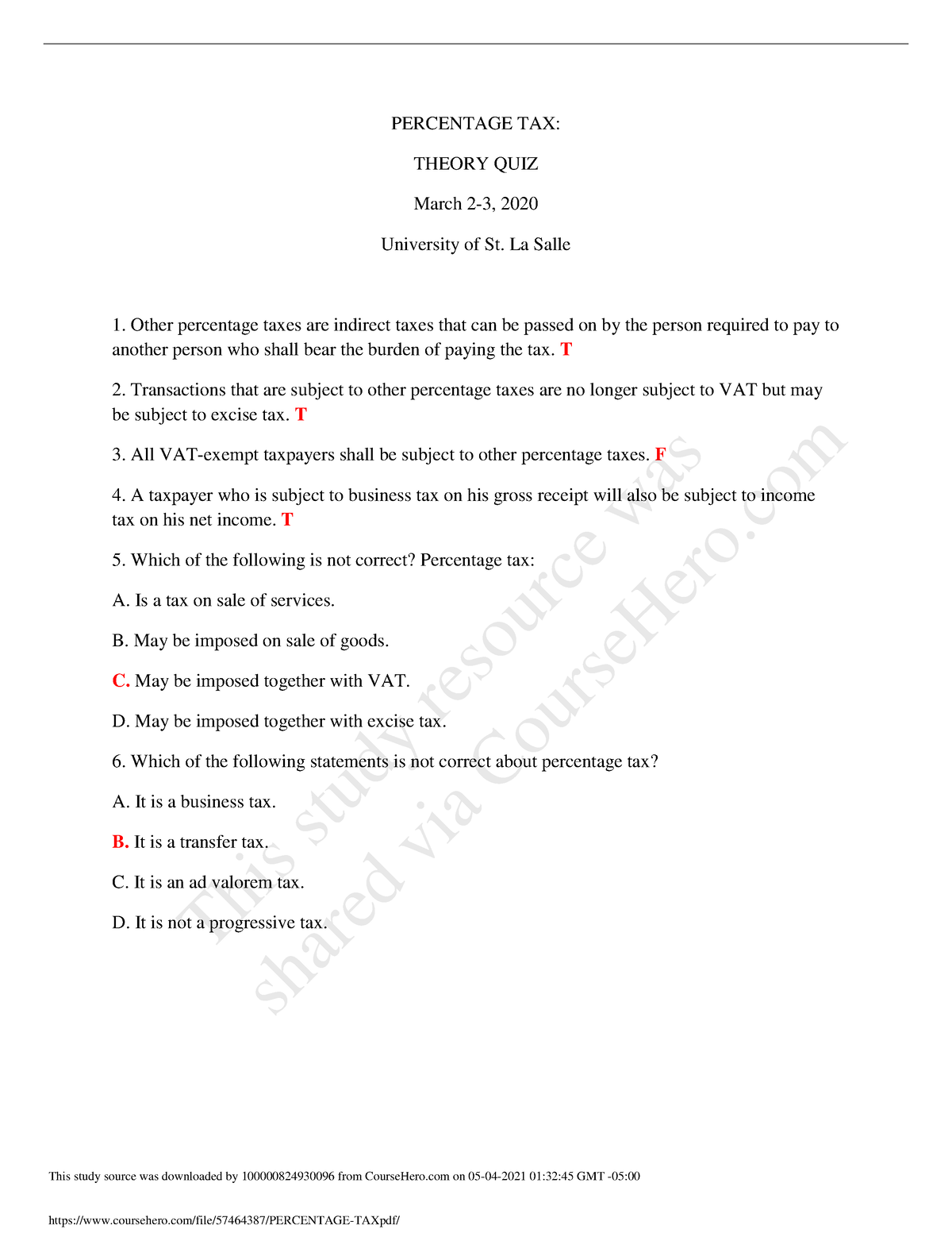 Percentage TAX - Tax - PERCENTAGE TAX: THEORY QUIZ March 2-3, 2020 ...