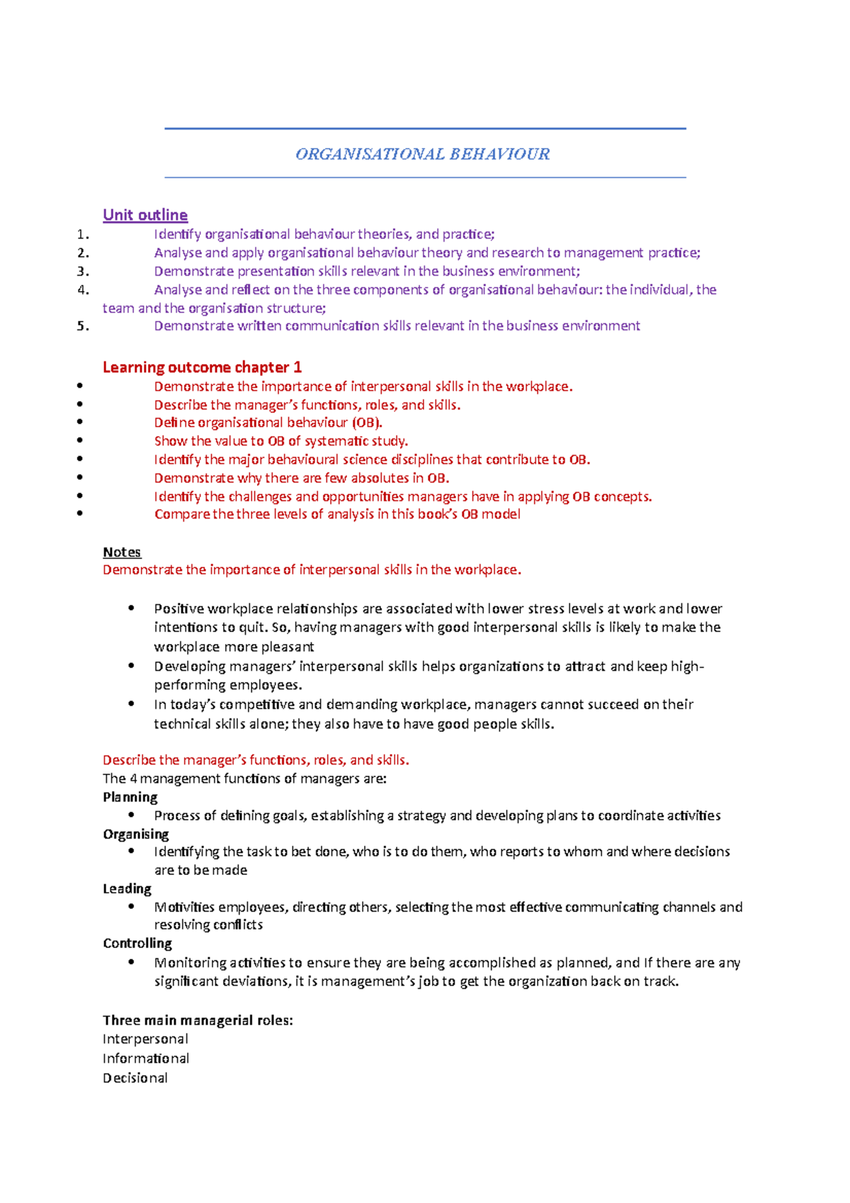 Organisational Behaviour - ORGANISATIONAL BEHAVIOUR Unit outline ...