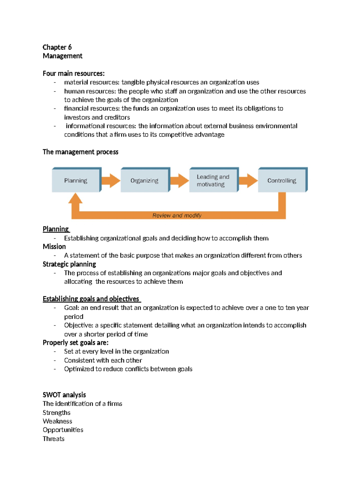Chapter 6 - Chapter 6 Management Four main resources: - material ...
