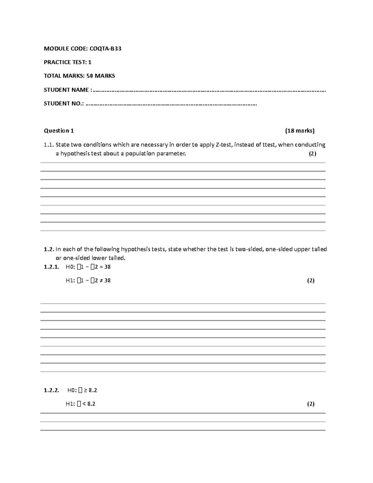 Test 1 - MODULE CODE: COQTA-B PRACTICE TEST: 1 TOTAL MARKS: 50 MARKS ...
