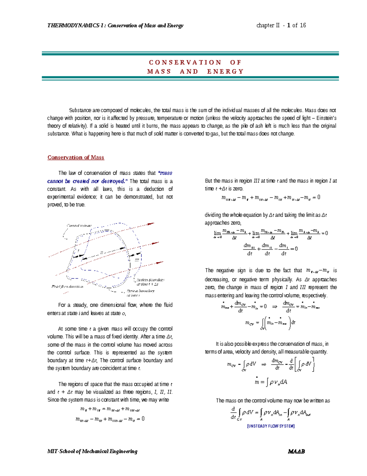 LEC Thermo I 2 Conservation Mass Energy 1 - C O N S E R V A T I O N O F ...