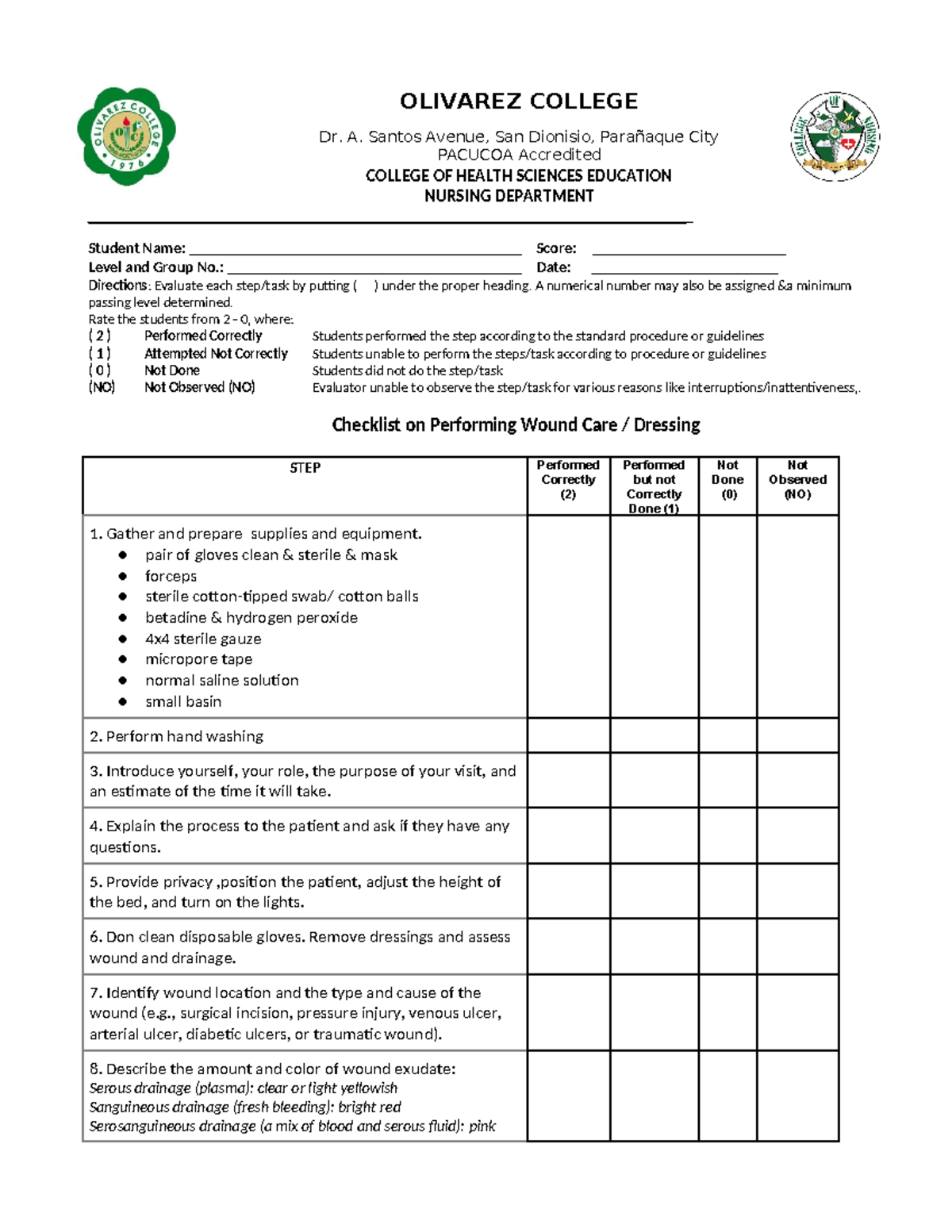 Checklist on Performing Wound Care and Change of Dressing - OLIVAREZ ...