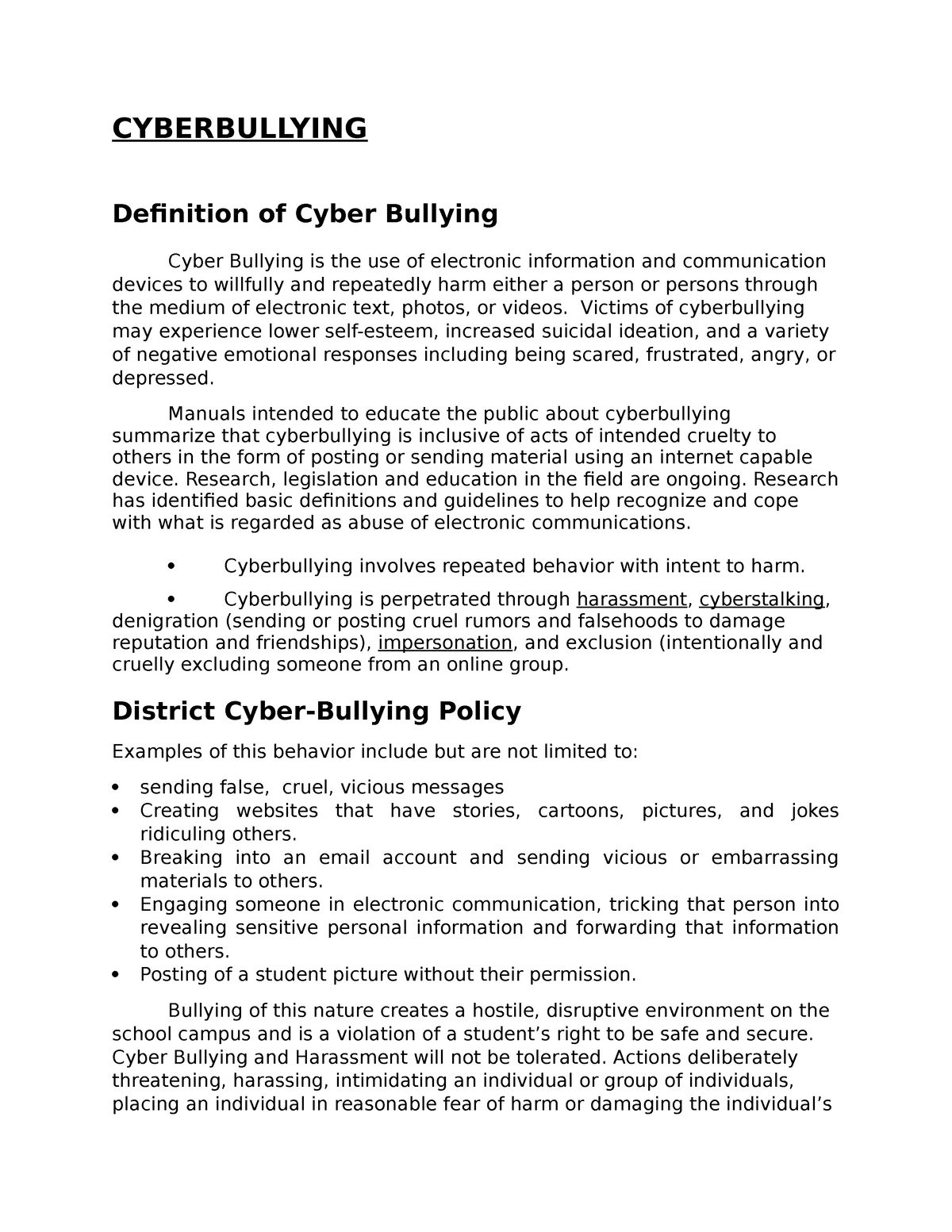 essay about definition of cyberbullying