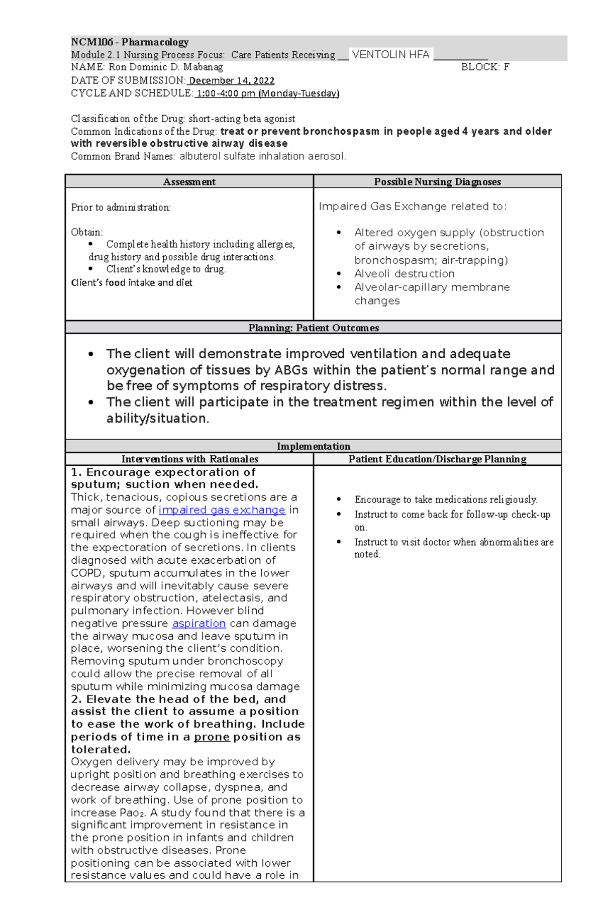 Ventolin-HFA - Ventolin-HFA - NCM106 - Pharmacology Module 2 Nursing ...