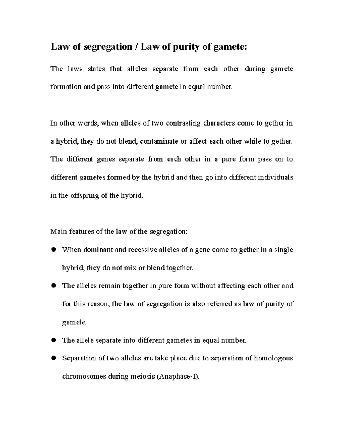 Law of segregation Notes - Law of segregation / Law of purity of gamete ...