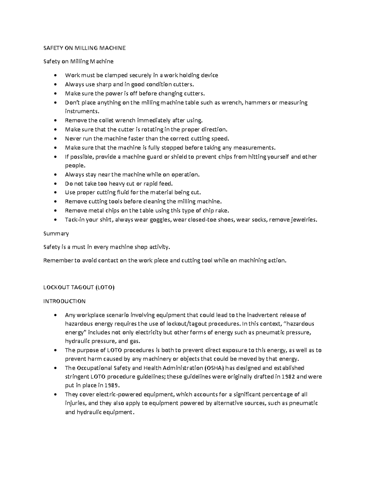 4. Safety ON Milling Machine and Lockout Tagout SAFETY ON MILLING