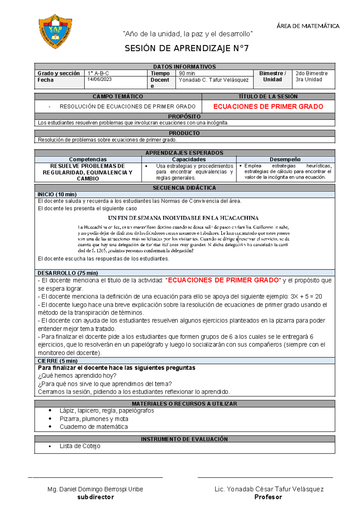 Sesión 7 - MAT 1ABC - Sdsds - ÁREA DE MATEMÁTICA “Año De La Unidad, La ...