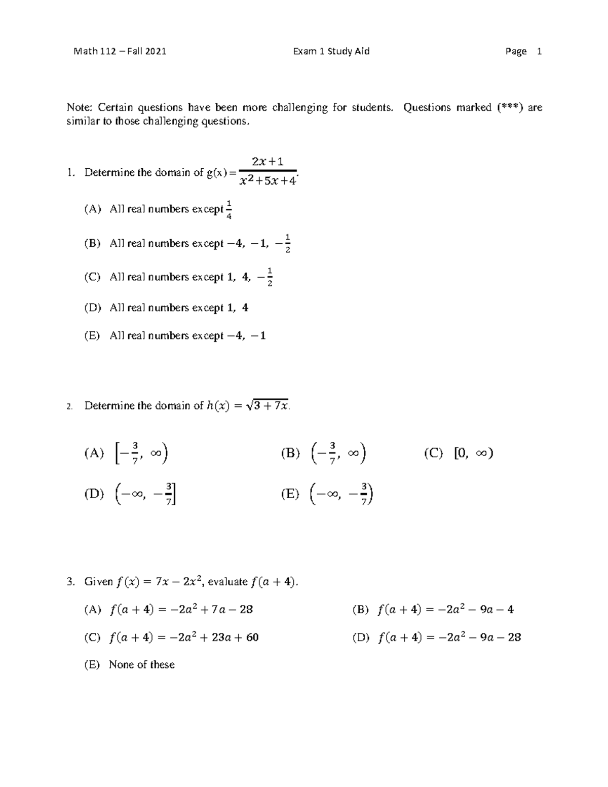 Math 112 Exam 1 Study Guide 2021 University of Arizona - Topics 1 to 5 ...