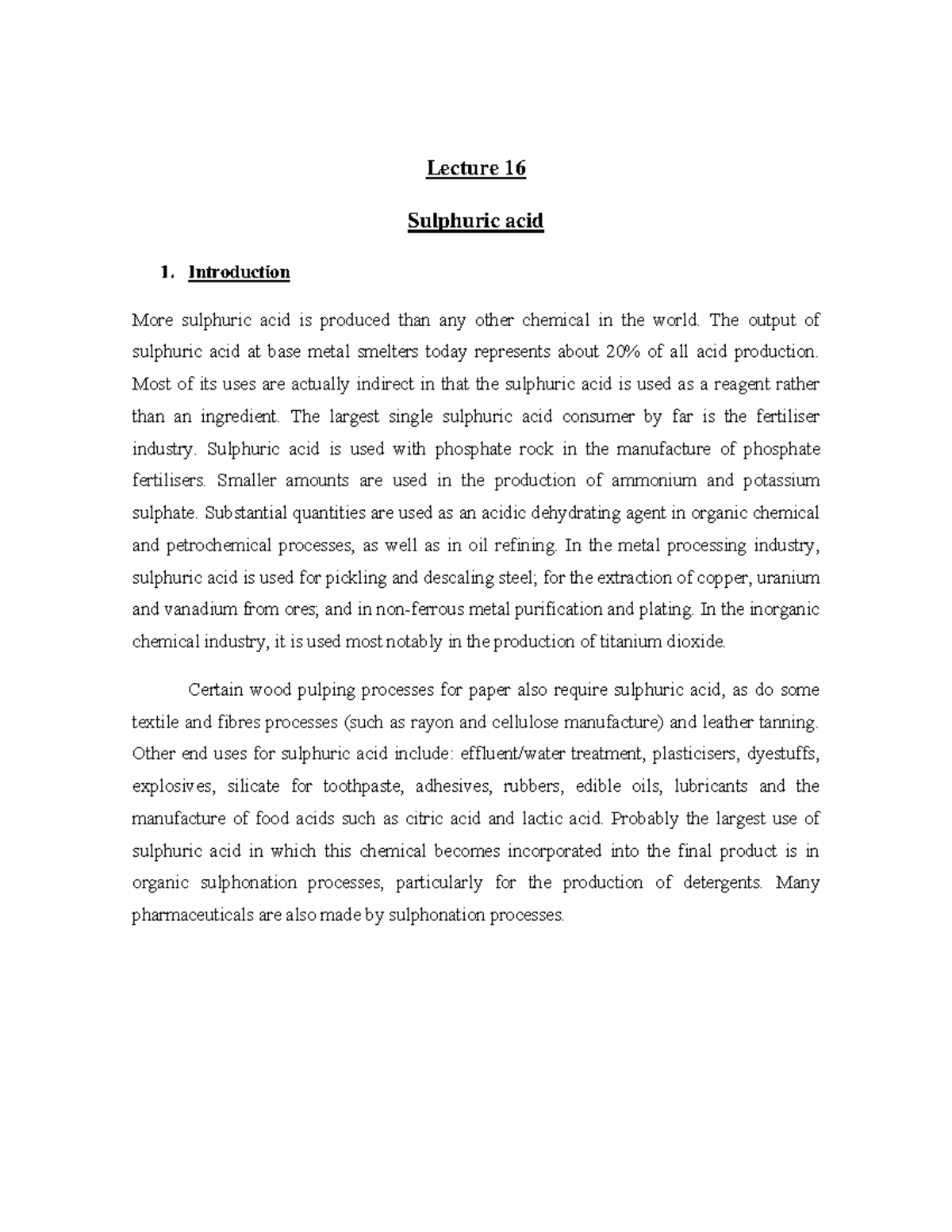 Sulphuric Acid Production Part 2 - Lecture 16 Sulphuric Acid 1 