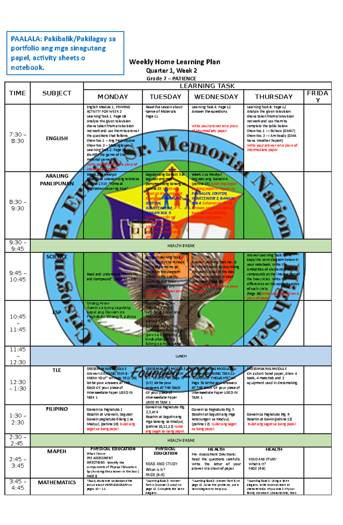 Patience WHLP Quater 1 WEEK 2 - Weekly Home Learning Plan Quarter 1 ...